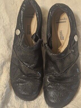Clarks Womens Black Shimmer Slip-On Shoes